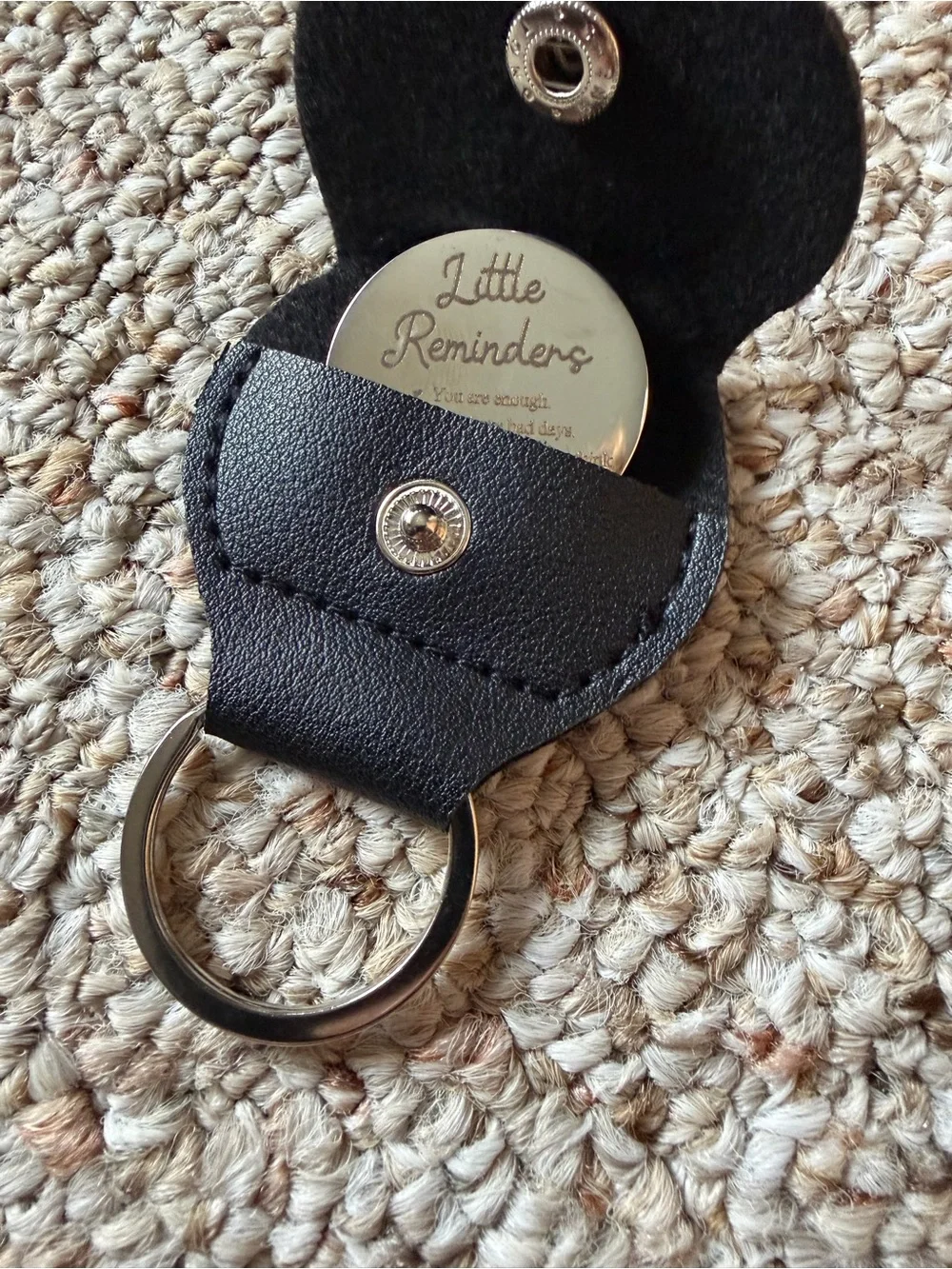 Giftable Pocket Hug Black Leather Key Ring Holder Inspirational Token Keychain